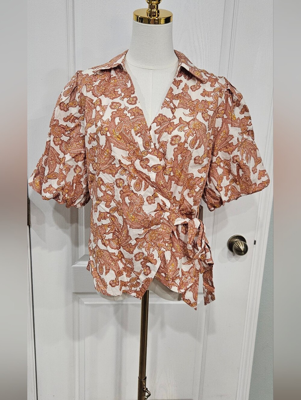 Worthington Rust Paisley Wrap Top with Tie